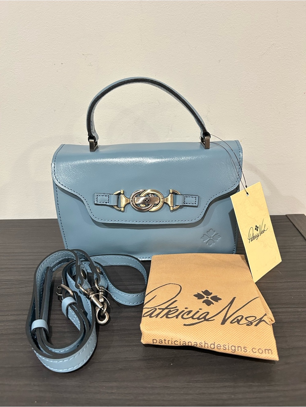 Patricia Nash Blue Fog Leather Porcili Satchel with Crossbody Strap- NWT - Picture 4 of 13